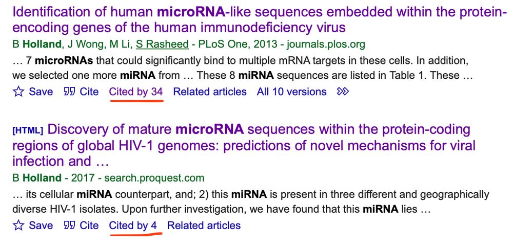 Screenshot from Google Scholar showing Bryan "Dexter" Holland's publications.  The paper has been cited 34 times and the thesis 4 times.