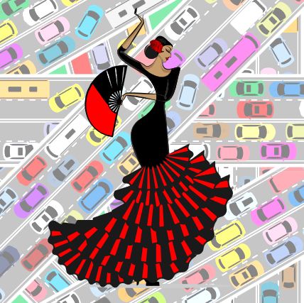 Flamenco dancer in front of a traffic jam
