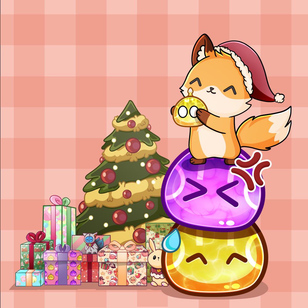 Christmas Fox uses Electro Genshin Impact slimes to place a small one on top of the Christmas Tree that's full of presents.