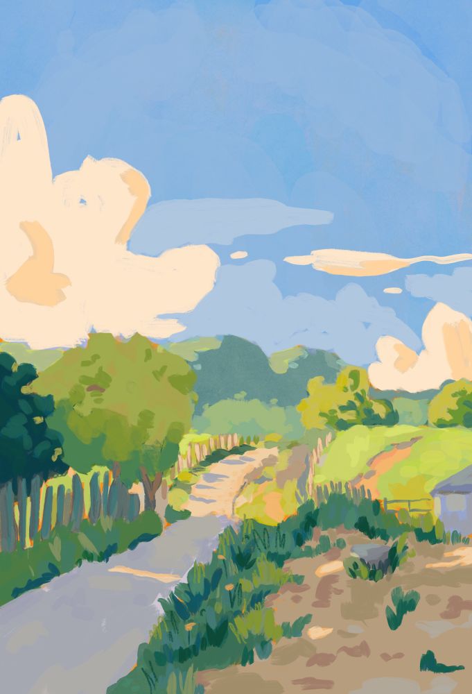 Pintura digital de uma estrada de terra acompanhada de uma cerca e árvores paralelas, céu azul e nuvens