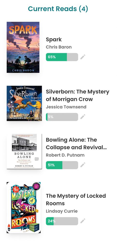 My current reads list with Spark, Silverborn, Bowling Alone and The Mystery of Unlocked rooms on it. 