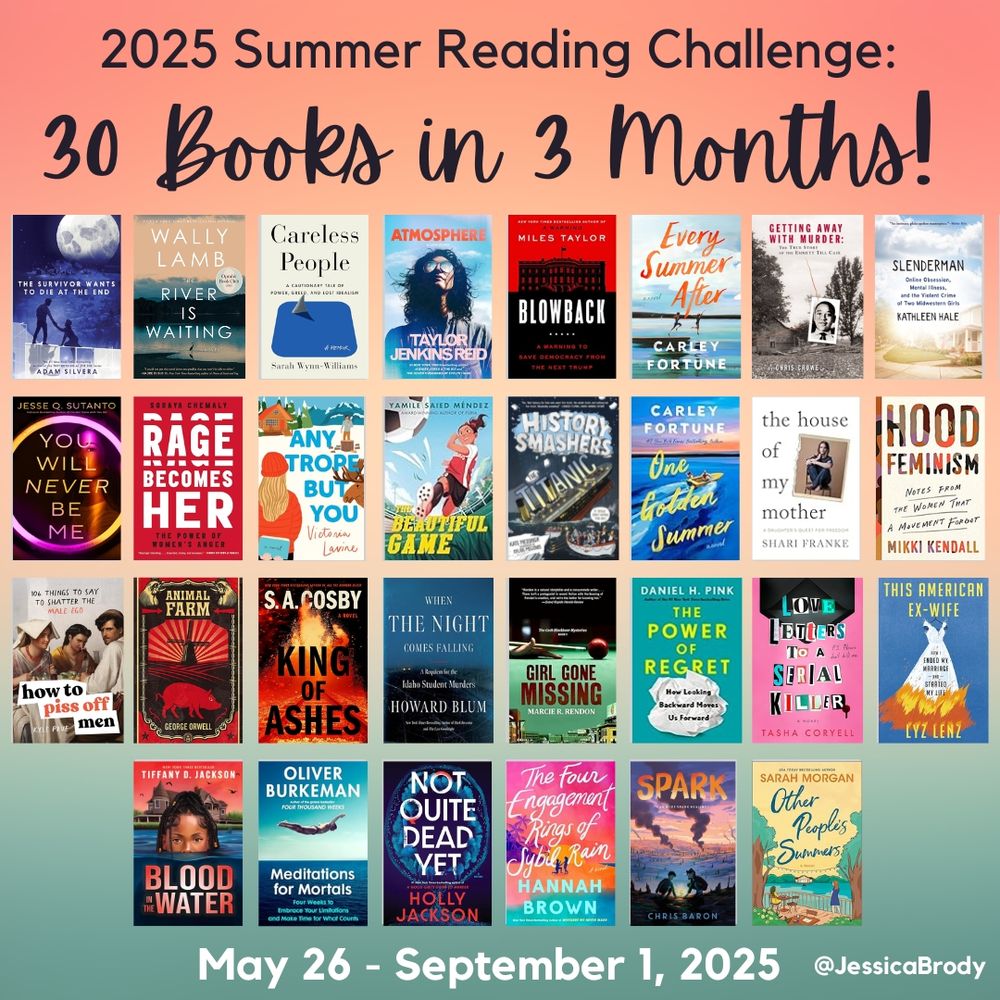30 Books in 3 Months Graphic that shows what I've read since May 26th as part of a Jessica Brody reading challenge 