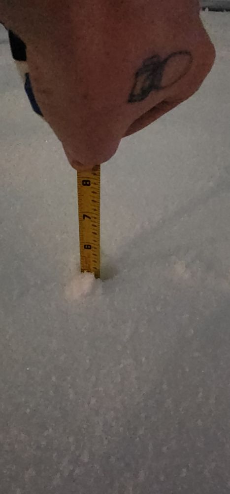 A measuring tape being used to measure the snow on the ground.