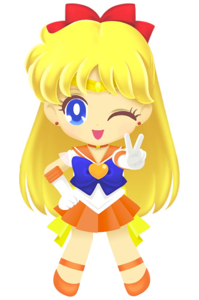 Super Sailor Venus from Sailor Moon Drops, posing with a wink and a V-sign
