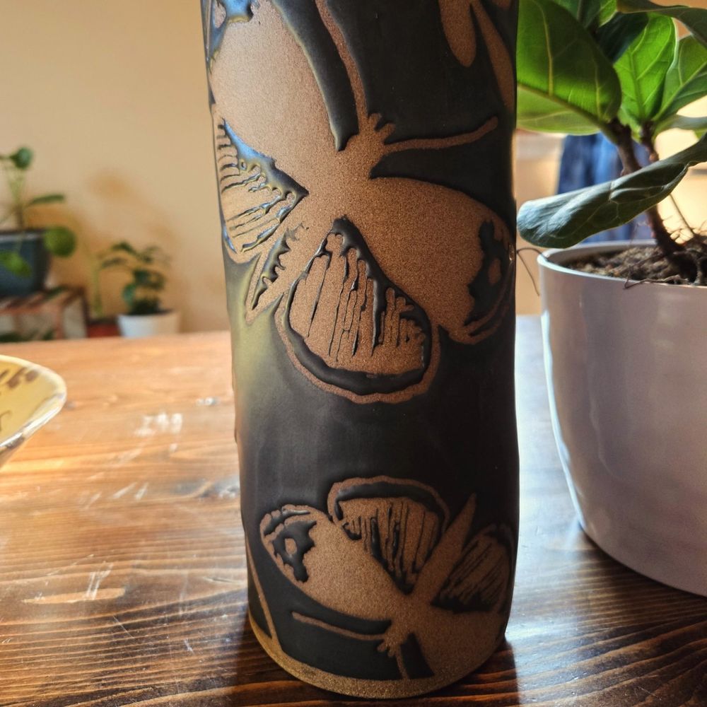 12-inch cut flower vases with flok moth motif. Hand-built 