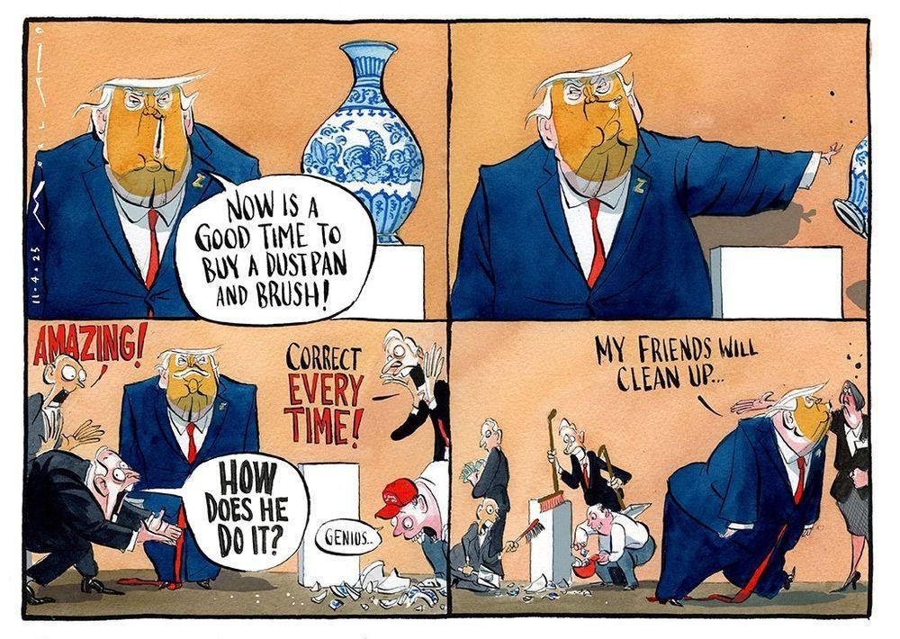 1. Trump beside Ming vase saying: now is a good time to buy a dustpan and brush.
2. Shoves vase (note Russky Z pin in lapel!)
3. Flunkies admire his genius in predicting fall.