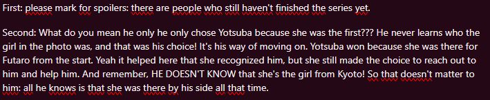 and that's not even me talking about how Yotsuba ALSO was suffering in silence due to the guilt of her causing all of her sisters to drop out, and her entire arc during the ending being about the fact that she's also deserving of love despite all that. I'll talk about that more when I get to the ending in my reread. 