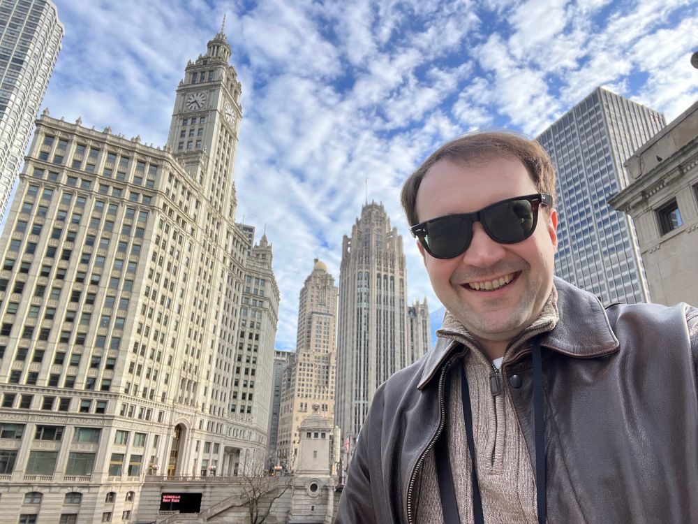 Me in front of the Wrigley Building and Tribune Tower
