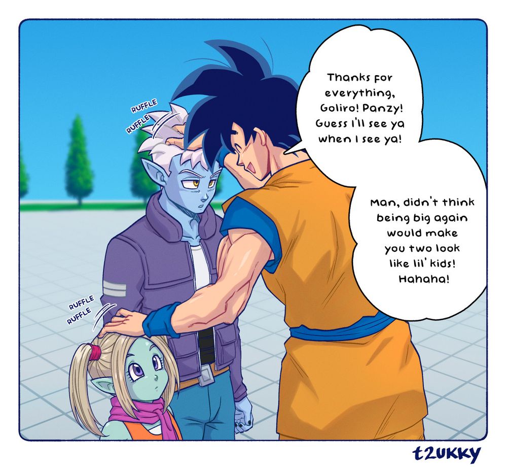 Dragon Ball fanart. Goku is saying goodbye to Glorio and Panzy and giving them headpats.