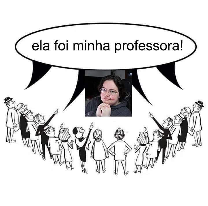 O meme de várias pessoas apontando para o centro da imagem com o balão de fala escrito "ela foi minha professora!".