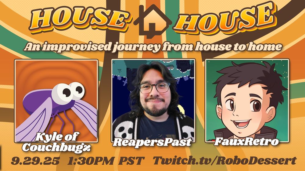 promo graphic showing the cast for episode 3 of House House. Includes pictures for each contestant including Kyle of Couchbugz shown as a purple bug, filmotter, and fauxretro drawn in a cartoon style. 