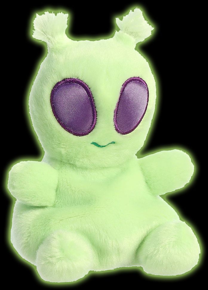 stuffed green alien toy with a large rump. He looks happy.