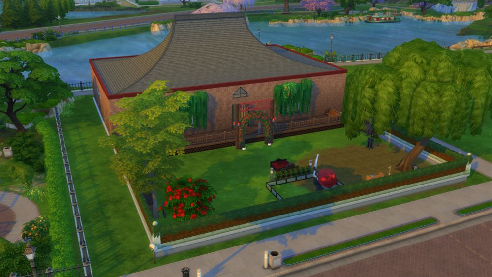 a Sims 4 house that looks vaguely like an old pizza hut building