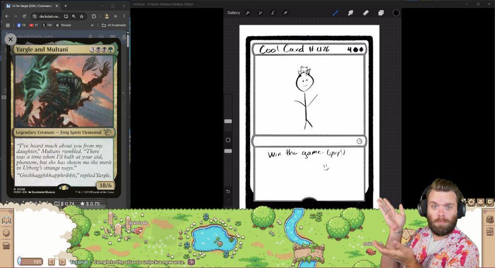 Robo's stream showing the magic card "Yargle and Multani, and next to it a stick figure drawing of a card titled "Cool Card #476" which reads "win the game. (yay!) :)" Robo is at the bottom prowdly presenting the cards with an idle game open along the bottom of the screen.