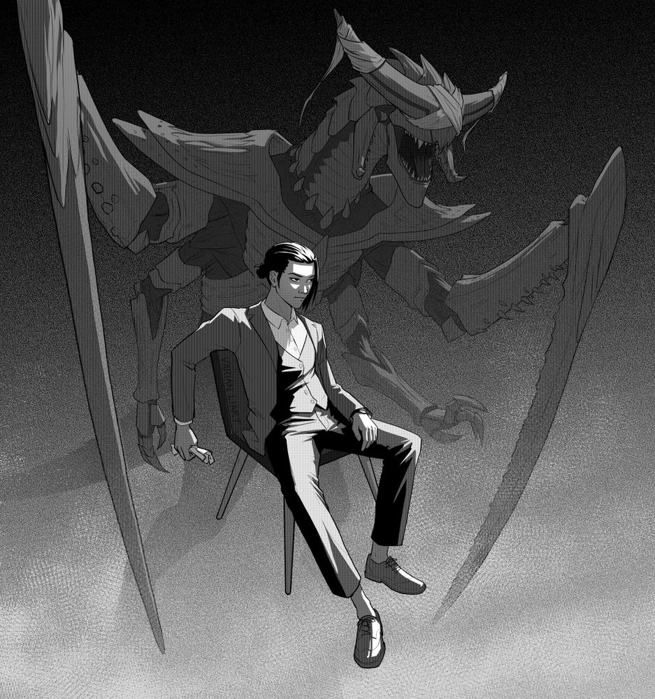 B/W lineart illustration using screentones. A grouchy person in a suit, Lucy, sits in a chair. A faded image of a blindfolded monster looms in the background.