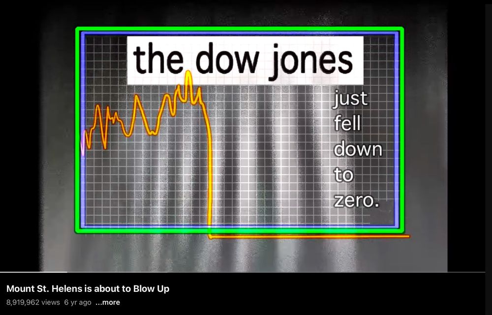 Attached image is a screenshot of a YouTube video which is Bill Wurtz’s song “Mount St. Helens is about to Blow Up”. 

The video is paused at the part where the song lyrics on screen say: “The Dow Jones just fell down to the zero.” and the text is next to a wiggly orange graph line that has then taken a swift nose dive and slammed into the bottom of the image and flatlined. Somehow today this song feels super relevant

Oh yeah this video came out like 6 years ago btw