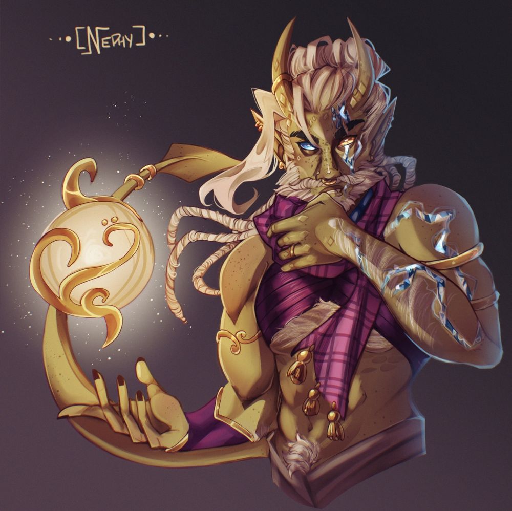 Halfbody illustration of my changeling in his tiefling look. He has greenish yellow skin and a blue scar going down from his face all the way to his arm. He has blond hair and wears dark purple/pinks.