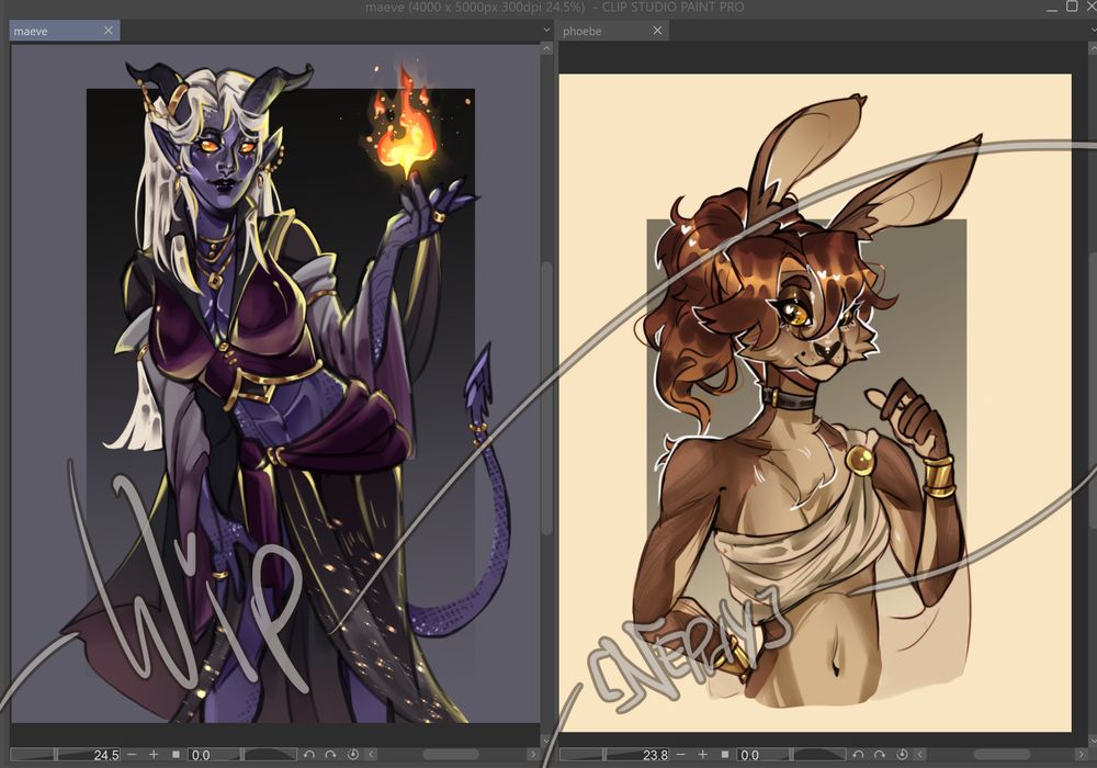 Screenshot of my two wips im workin on right now. Left is a purple tiefling warlock girl and right is a harengon rogue girl dressed a little fancy. 