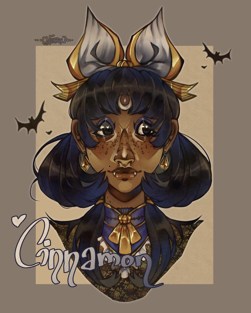 Bust art of a vampire girl with dark blue hair and black eyes. She is wearing a golden bow that looks like bat ears.