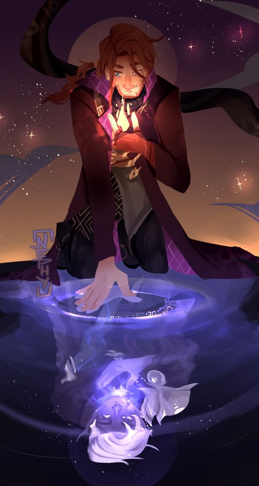Fanart of Caleb Widowgast and Essek from the Mighty Nein (Critical Role). Caleb is kneeling down, the background is a starry sky in warm tones while Calebs hand reaches down to a reflection of Essek in the water. The water is purpleish blue with little waves in it.