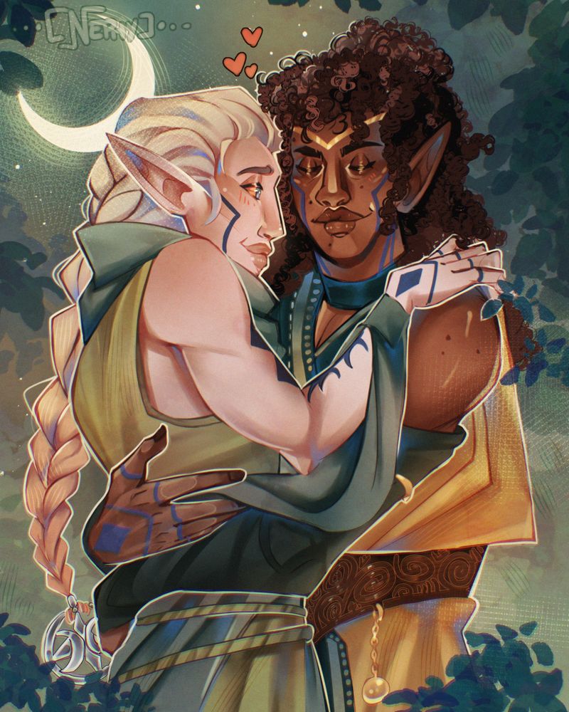 Halfbody illustration of @abrildelucia and @golemkind's characters Arbane & Sylvalian. They are holding each other in a hug and look lovingly at each other. The background is foliage and a crescent moon.