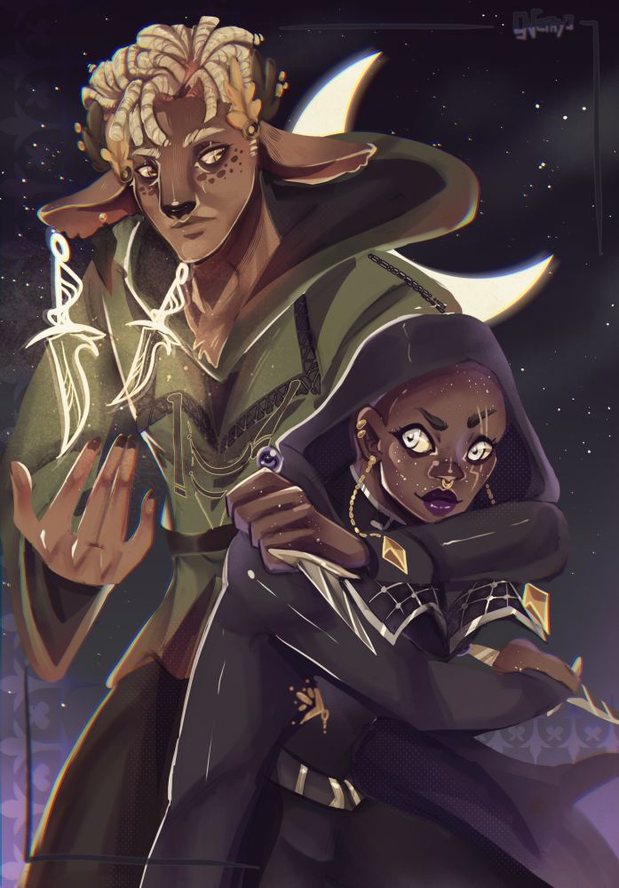 Thigh up illustration of Amaranth, a firbolg rogue (belongs to my friend Cai, he doesn't have bsky tho!) and Lynette, a kalashtar rogue. Amaranth is standing behind Lynette, holding up spectral daggers while she is holding two actual ones. The background is a simple night sky with a crescent moon.