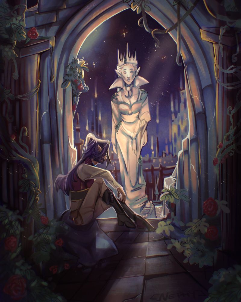 Illustration of my changeling Zenrose sitting in an old hallway that is overgrown with roses and vines. His mother's statue, Queen Eliris Iphador, is in the background, looking at him. Behind the huge statue there is the castle town of the kovician capital.