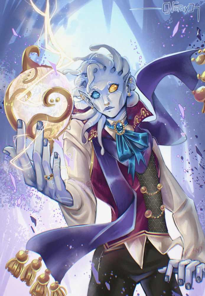 Halfbody art in an attempt of more perspective of my unchanged/base form changeling Zenrose Iphador. He has pale bluish-white skin and is holding up an orb while casting a spell. His scarf is purple and flowing with the energy of his spell. The outfit is very regal/fancy. His eyes are colorful scleras in blue and gold. The background is muted blue and purple, roughly the architecture from his home. 