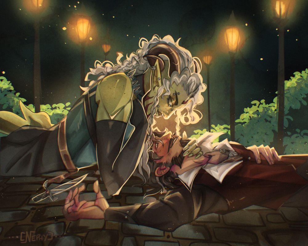 Illustration of @dottea's and @scaredprince's D&D character on the ground being flirty. 