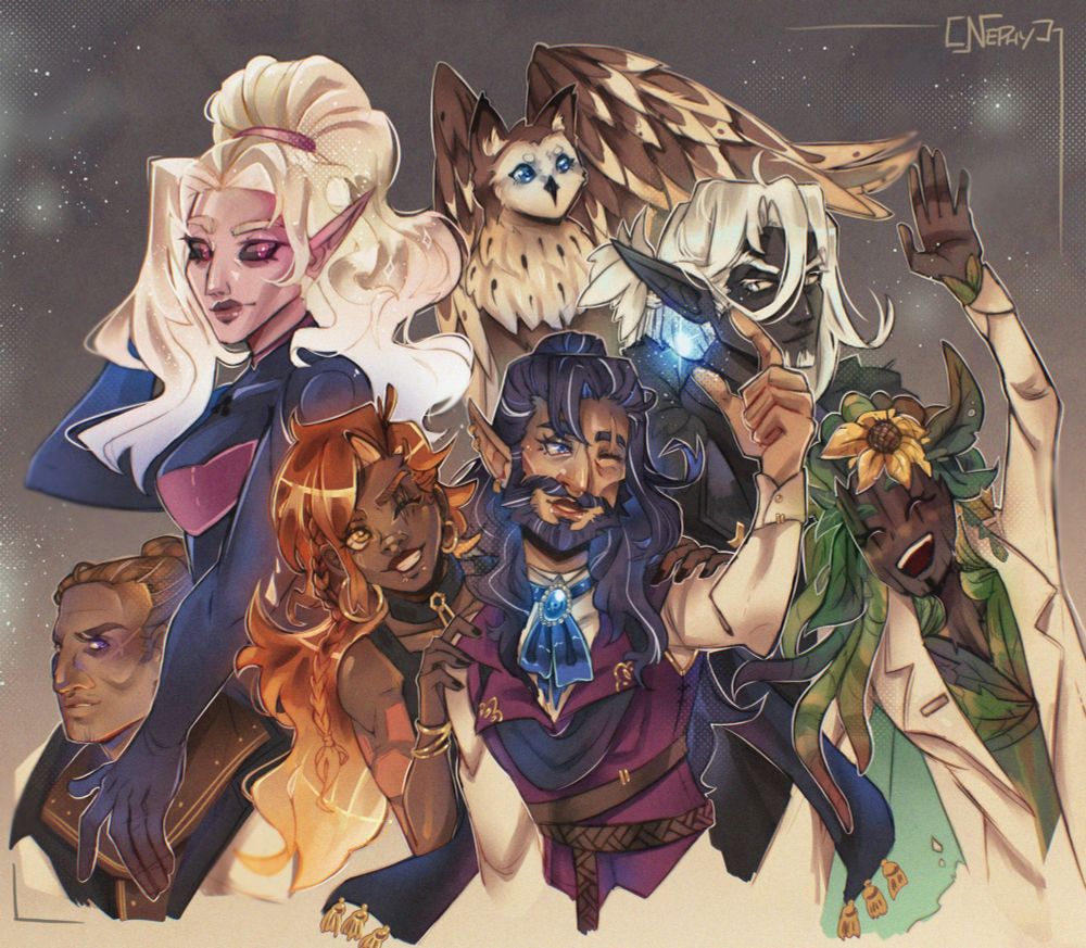The whole gang of my longest running dnd game. From far left to right, a dwarf artificer named Uridan, astral elf turned vampire blood hunter Haema, fire genasi bard/rogue Ignius, changeling wizard and his familiar Zenrose and Dusktail, drow sorcerer warlock Roan and A'tunn (homebrew) druid Ri'gah.