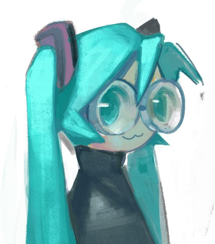 Rushed painting of miku with glasses on. Her eyes appear very large on the glasses because she is near-sighted.
