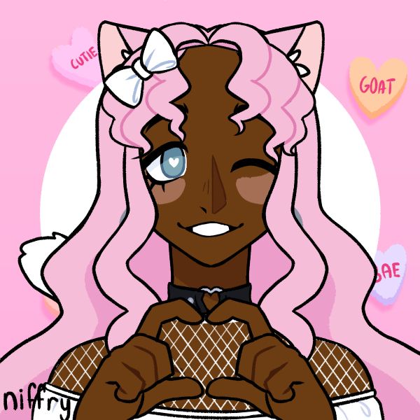 Picrew of my newest oc Butternut Squash. She is a black catgirl with pink hair, ears, a white bow on her hair, a collar, white shirt, white tail, pink eye color. One eye is closed, the other has a white heart instead of a pupil. She is making a heart with both of her hands and smiling into the camera. The background is pink with candy hearts and there's a blank white circle just behind her