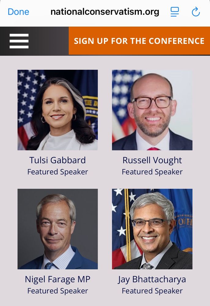 Tulsi Gabbard, Russell Vought, Nigel Farage, Jay Bhattacharya—speakers at the NatCon 2025 conference 