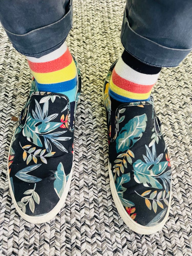 Striped socks and floral shoes 