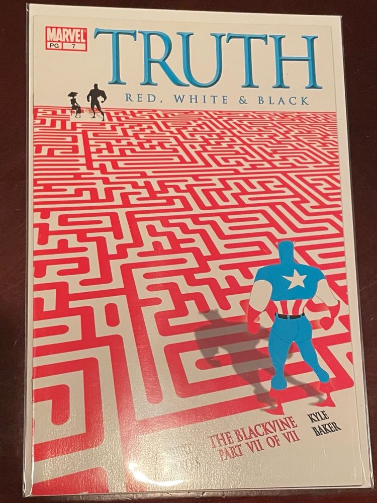Cover of issue #7 with Captain America standing at the start of a red maze with Isaiah Bradley, the black Captain America on the other end. 
