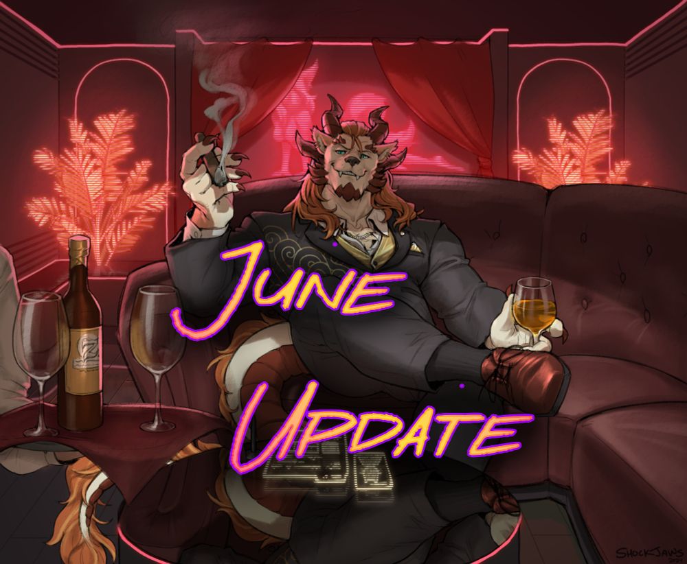 Promotional image of the wolf-dragon character "Tarrolf" from the "String Zero" game sitting on a couch in a cyberpunk lounge, holding a cigar and a glass of amber alcohol.
