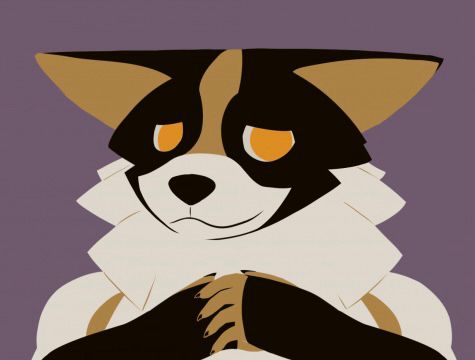 A bashful-looking anthropomorphic corgi, ears folded down and hands fidgeting, but she manages a nervous smile.