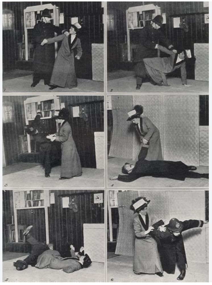 A series of six black and white photographs in which Edith Garrud, a suffragette dressed in an ankle-length coat and enormous hat, demonstrates how to sweep the legs out from under a taller man in a constable's uniform and put him in a shoulder lock. Garrud's hat remains in place throughout.