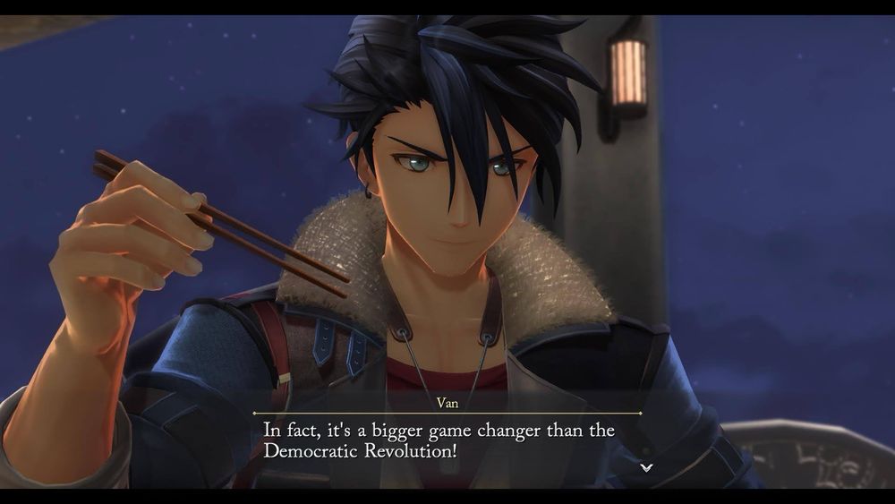 trails through daybreak screenshot: van holds his chopsticks high preparing to dig into some dessert i can't remember - the dialogue box says: "In fact, it's a bigger game changer than the Democratic Revolution!"