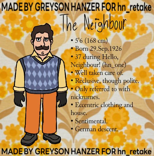 The picture shows concept art of The Neighbour, the enemy in my Hello Neighbor retake. He is short with a blue diamond sweater-vest over a yellow shirt. He wears red-orange pants with grey loafers. His hair is brown, as well as his moustache. His gloves are black, rubber gardening gloves.
