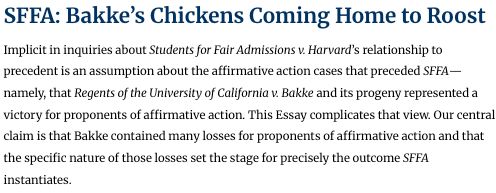 Devon W. Carbado & Russell K. Robinson explain that Regents v. Bakke contained many losses for proponents of affirmative action, which set the stage for the outcome Students for Fair Admissions instantiates.