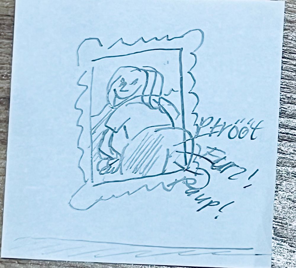 Mona Lisa, die sich in ihrem Bilderrahmen umgedreht hat und mit breitem Grinsen ihr Gesäß rausstreckt und herzhaft rumpupst.