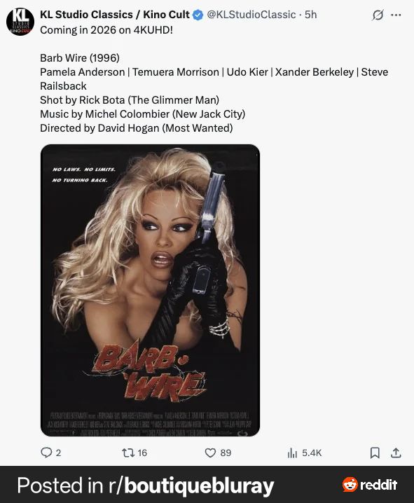 Kino Lorber announcement of Barb Wire on 4k, coming in 2026