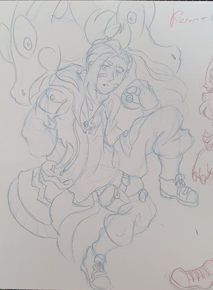 Sketch of a boy sitting. He have a ponytail, looks tired and have clothes bigger than him. He's holding a pokeball in one of his hand. He have bandaid on his face and a puffy pants.
He have two heads of a dragon behind him