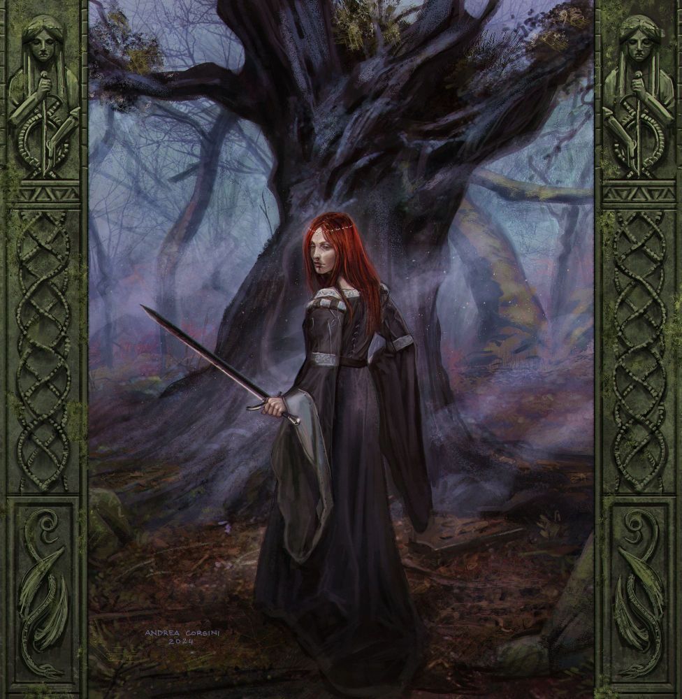 Illustration of a woman with red hair and a bloodied sword. She's surrounded by a misty forest. On the sides two stone pillars with depictions of a dragon and a woman. 🖤