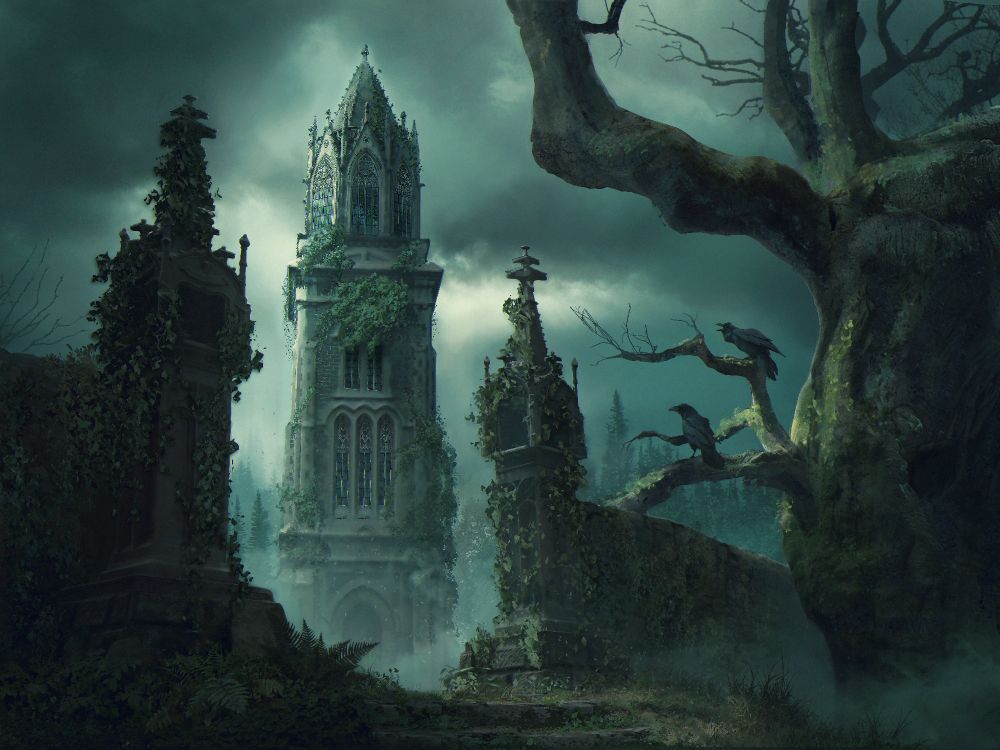 Illustration of a tower standing again a cloudy sky. The viewer looks at it through a stone passage with overgrown plants, next to it an old tree with two crows.