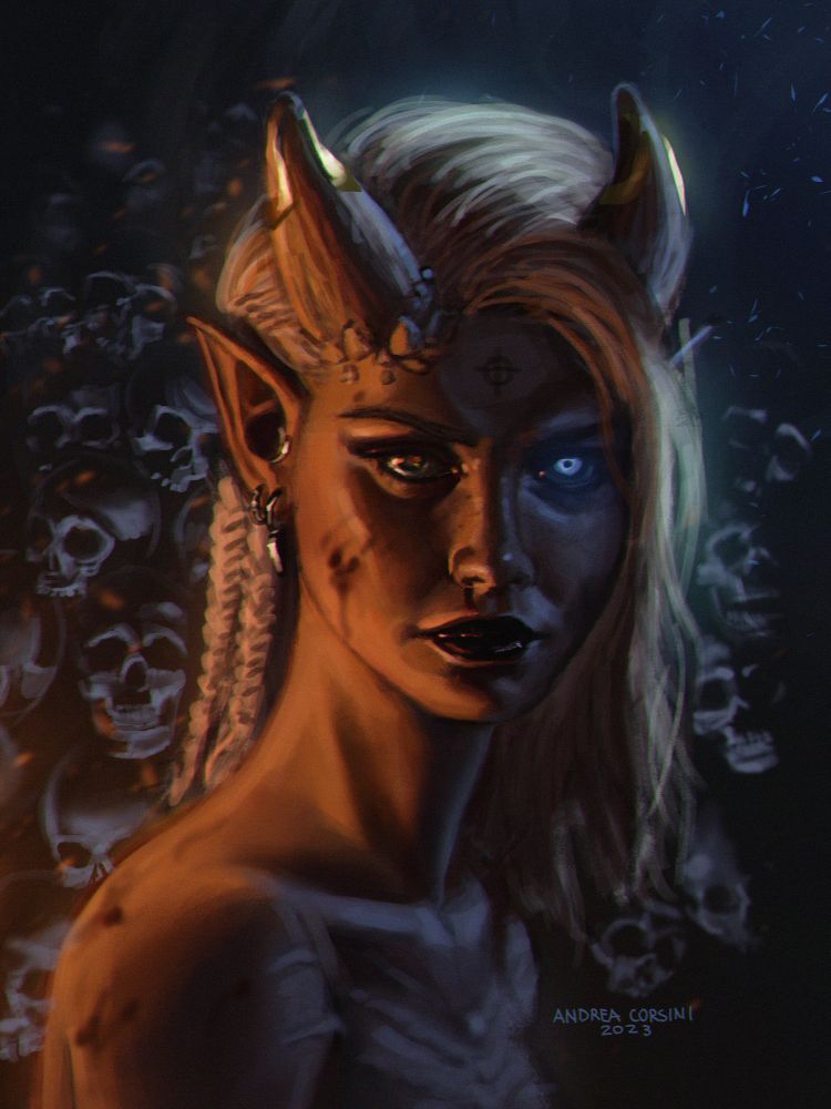 Portrait of my durge for my first run on bg3 :,) a tiefling with a blue glowing eye, ghosts of skulls can be seen in the background 