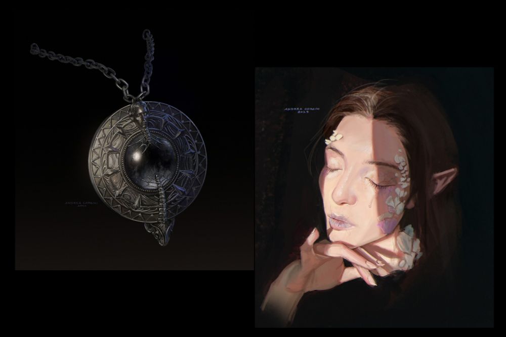 Collage of a cursed amulet and my self portrait 