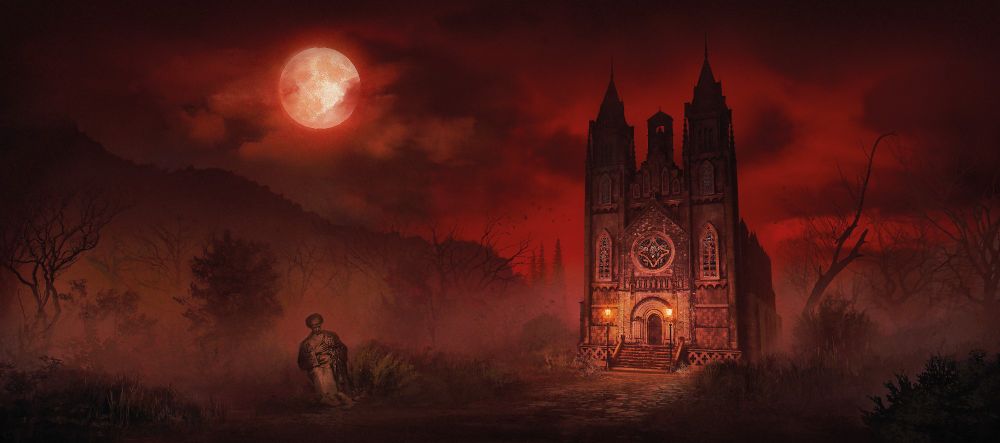 Illustration of a red night sky with a blood shot moon. A saint's statue in ruin emerges from the ground while a cobbled path leads to a lonely church with tainted glass windows