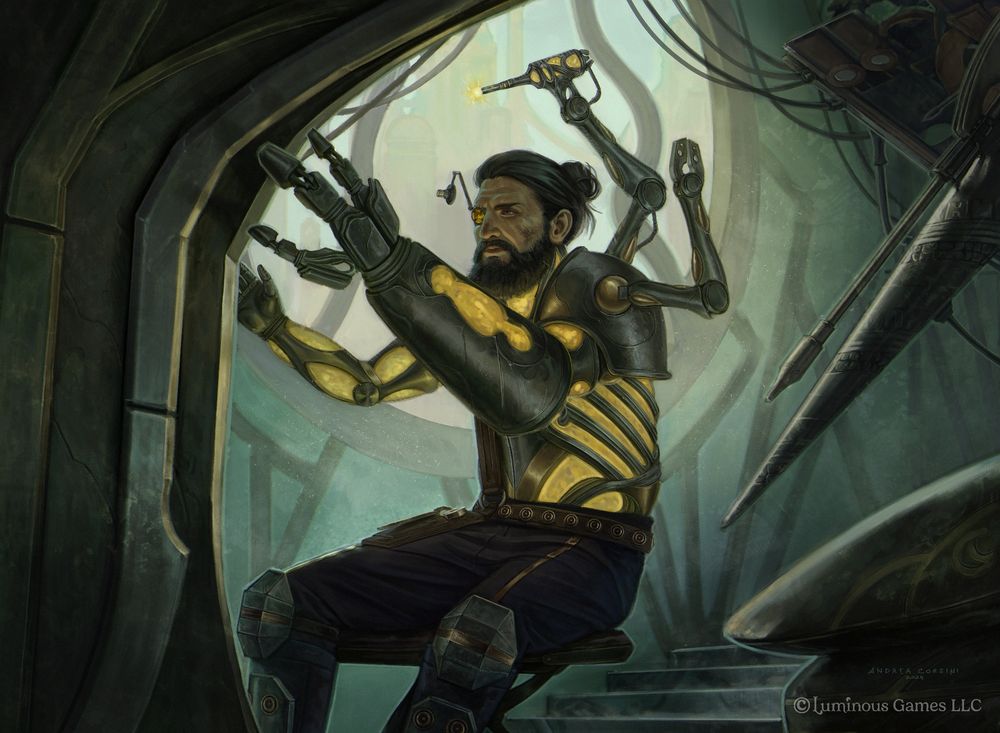 Illustration of a man with a magical machine body working on machinery. Done for Luminous Games 